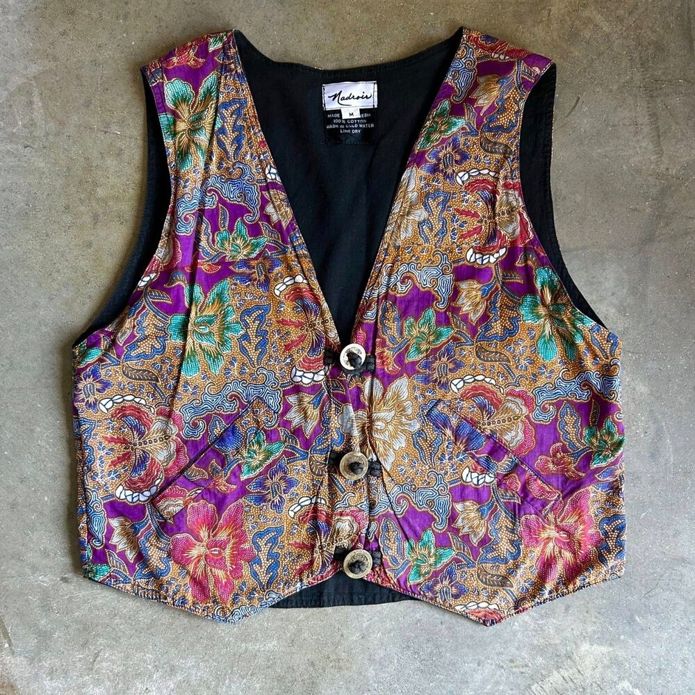 Nadroir Vintage Boho Floral Vest Women’s M Multicolor Button Front Lined